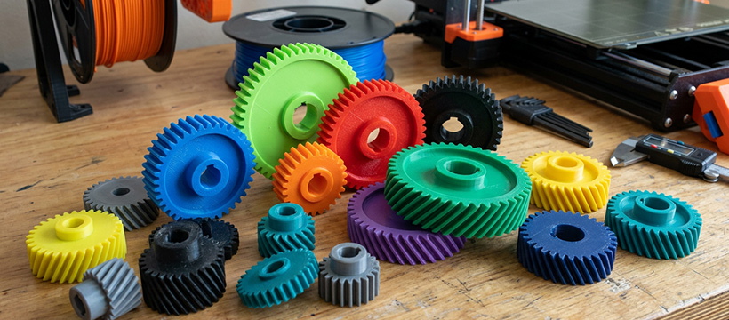 3D printed spur gears and helical gears printed in coloured PLA filament